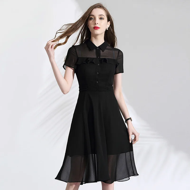 

Black Chiffon Dress Summer 2019 Women's Turn Down Collar Short Sleeves Perspective Patchwork Ruffles Slim A-Line Elegant Dress
