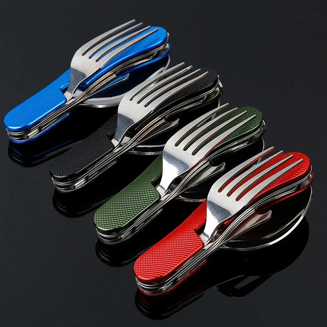 

Outdoor Camping Stainless Steel Tableware Folding Spoon Fork Knife Set Portable Travel Hiking camping Picnic cookware Set