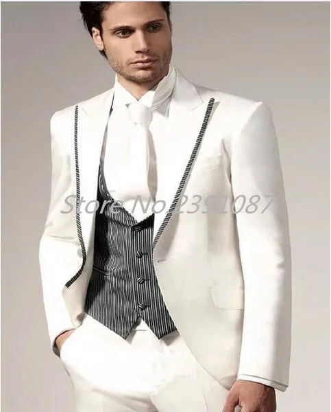 New Design Custom Made One Button 2017 Slim Fit Customized White Mens Suit Groom Tuxedos Free Shipping Jacket+Pants_