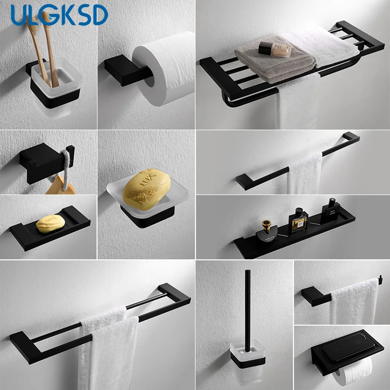 

ULGKSD Stainless Steel Bathroom Hardware Set Paper Holder Towel Shelf Towel Bar Hook Bathroom Accessories Para Home & Bar