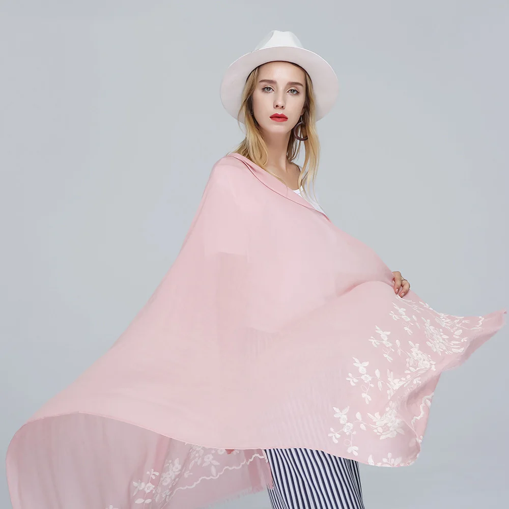 

solid color cotton linen scarves with embroidery floral women thin voile silk scarf beach cover shawl wrap hijab bufanda