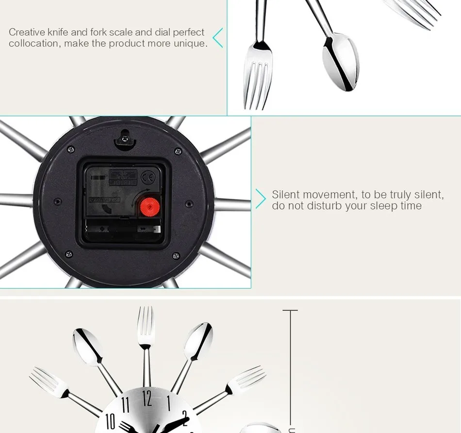 Короткие современные большие настенные часы из нержавеющей стали, настенные часы, волшебная ложка, вилка, кварцевые иглы, 3D часы для гостиной, домашний декор Z30