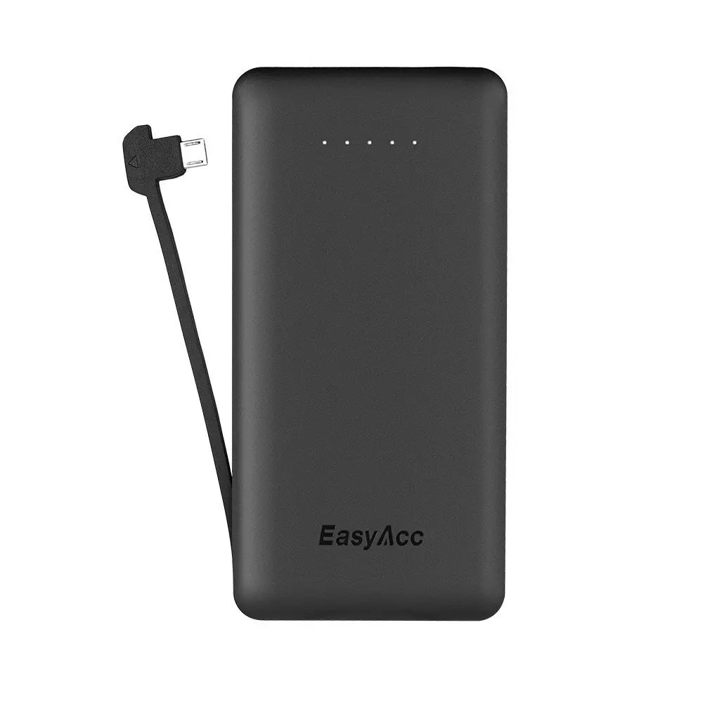 EasyAcc Ultra-Slim External Battery Changer 6000mAh Power Bank Portable Charger with Built-in Micro USB Cable for Iphone 7