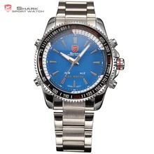 New Luxury Dual Time LED Alarm Stainless Steel Strap Blue Reloj Male Military Shark Sport Watch Men Digital Quartz-Watch / SH002