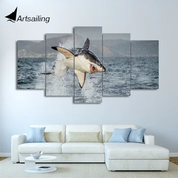 

HD printed 5 piece canvas art animal Ocean shark jumps painting wall pictures for living room modern free shipping/CU-1997B