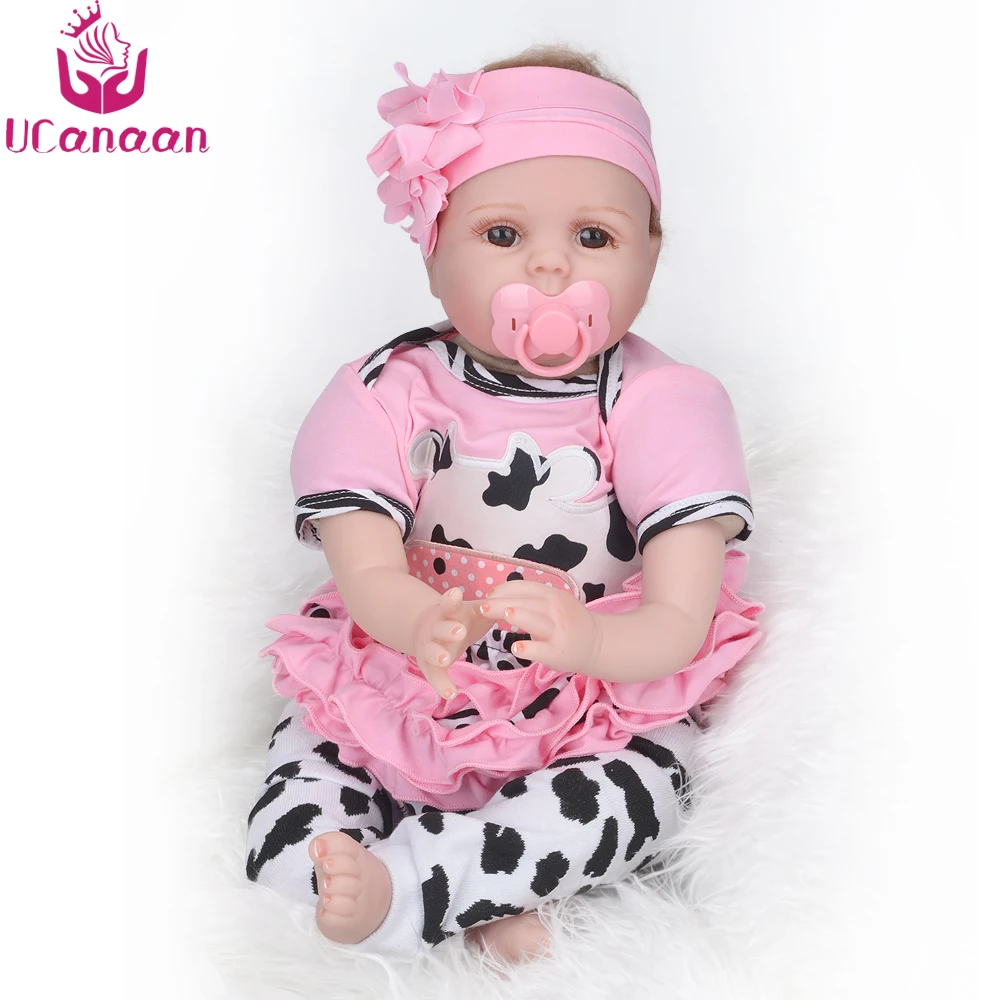 

UCanaan 55CM Hair Rooted Cloth Body Reborn Doll Soft Silicone Brown Eyes Toys For Girls Baby Alive New Born Kawaii Kids Toys