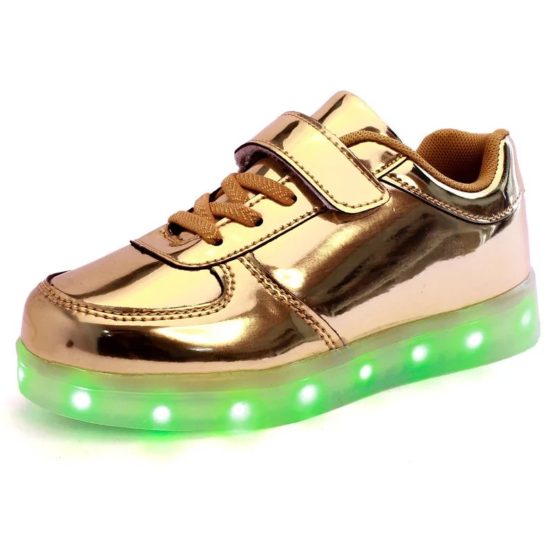 Модная детская обувь со светодиодами для мальчиков и девочек светящаяся обувь Повседневные кроссовки с зарядным устройством USB 18 цветов 7 видов стилей - Цвет: Gold
