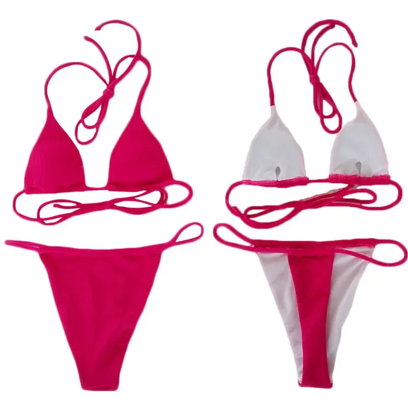 

Womens Sexy Bikini Set Halter Lace Up Bra Low Waist Thong Solid Color Thread Vertical Stripes Swimsuit Ruched Drop Ship