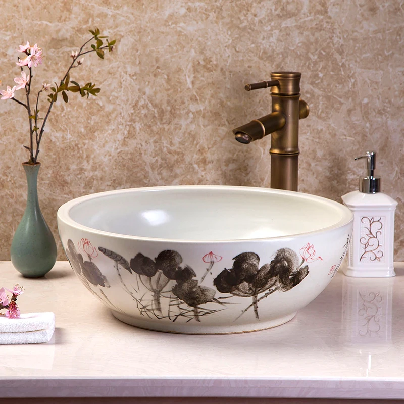 China Artistic Handmade Ceramic Wash Basin Round Counter Top Bathroom