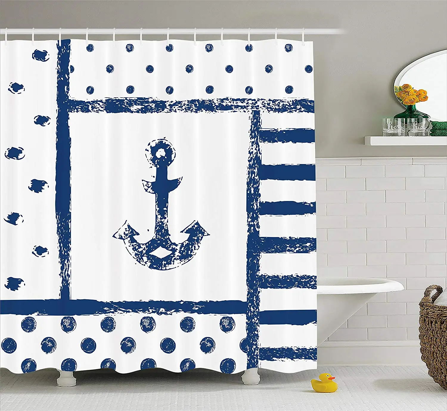 

Anchor Decor Shower Curtain Set, Grunge Murk Boat Anchor Silhouette with Polka Patterns Navy Theme, Bathroom Accessories