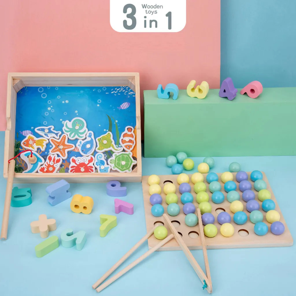  3-in-1 Children Fishing Game Wooden Ocean Magnetic Rod Count Numbers Matching Teach Math Toy Practi - 33063167292