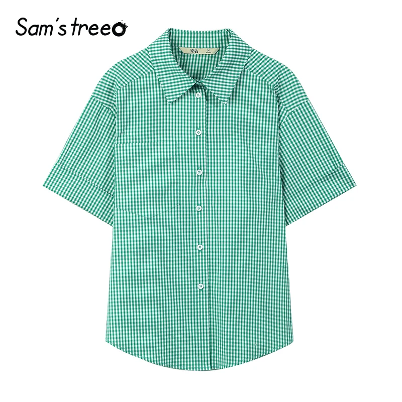 Samstree, женские летние клетчатые рубашки, дизайнерские Зеленые Сексуальные хлопковые рубашки поло с открытой спиной, рубашки с коротким рукавом в английском стиле, женские топы, блузки