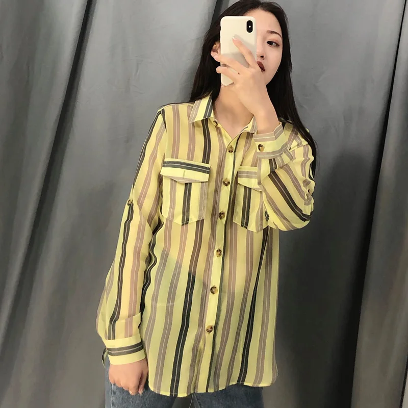 

thin Blouse Striped for ladies big Size chiffon shirts for wommen Turn-down Collar Irregular Pocket Full Sleeve Clothes