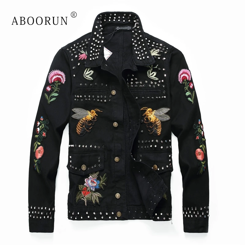 ABOORUN/джинсовые куртки с цветочной вышивкой; мужские джинсовые куртки в стиле панк с заклепками и складками; куртки для певцов и танцоров; x1547