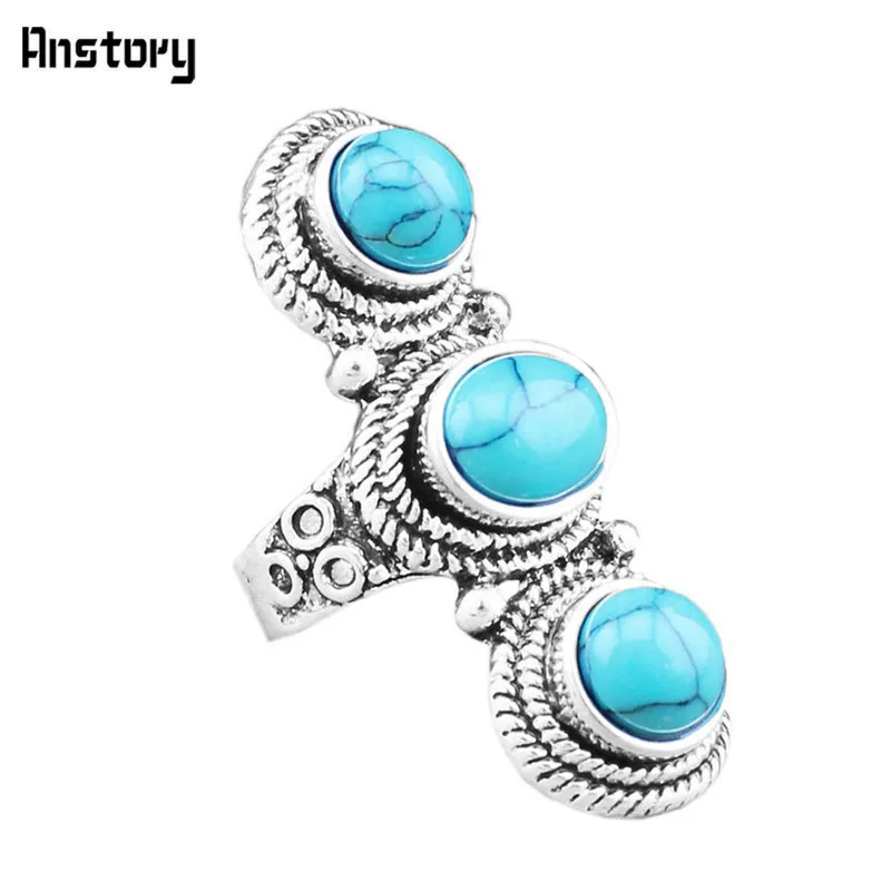 

Vintage Look Three Stones Turquoises Rings For Women Antique Silver Plated Fashion Jewelry TR198