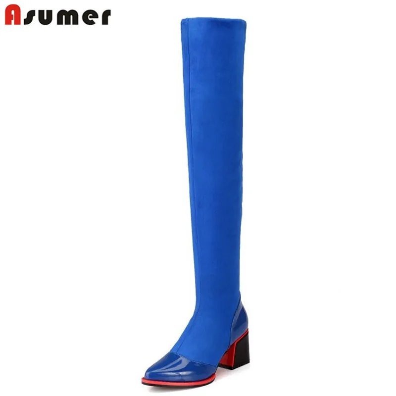 Meilleur ASUMER Plus taille 34 43 femmes bottes carré talons en daim sur le genou bottes bout pointu automne troupeau + véritable bottes en cuir