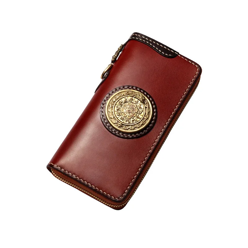 

Long pure copper nine-barrel zipper bag Unisex vintage ethnic first-story cowhide leather hand-stitched clutch