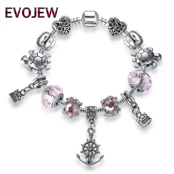 

EVOJEW Silver Color Turtles Crystal Charm Bracelets & Bangles with Pink Murano Glass Beads for Women Fashion Bracelet Jewelry