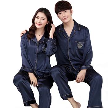 

Plus Size 3XL Long Sleeve Satin Lovers Pajamas Set Spring Autumn New Home Wear Couple Lightwight Nightwear 2 Pcs Shirt&Pant