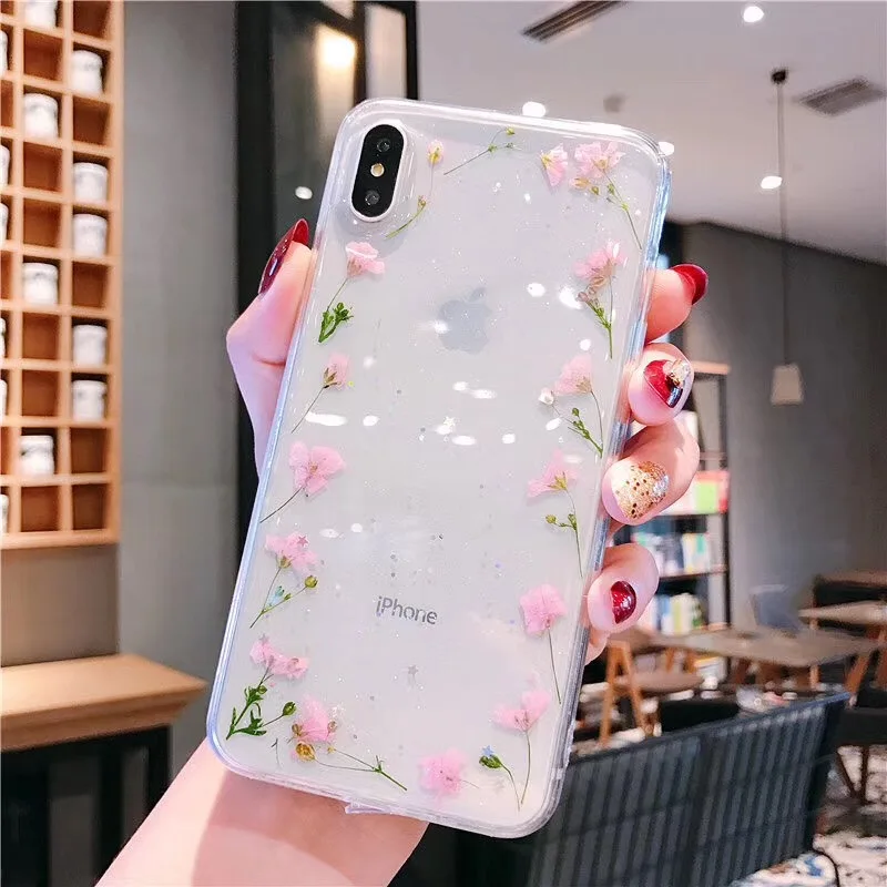 Tfshining натуральные высушенные цветы прозрачный чехол для iPhone 7 8 Plus X 6 6 S Plus XS Max XR ручной работы цветочный ТПУ задняя крышка подарок