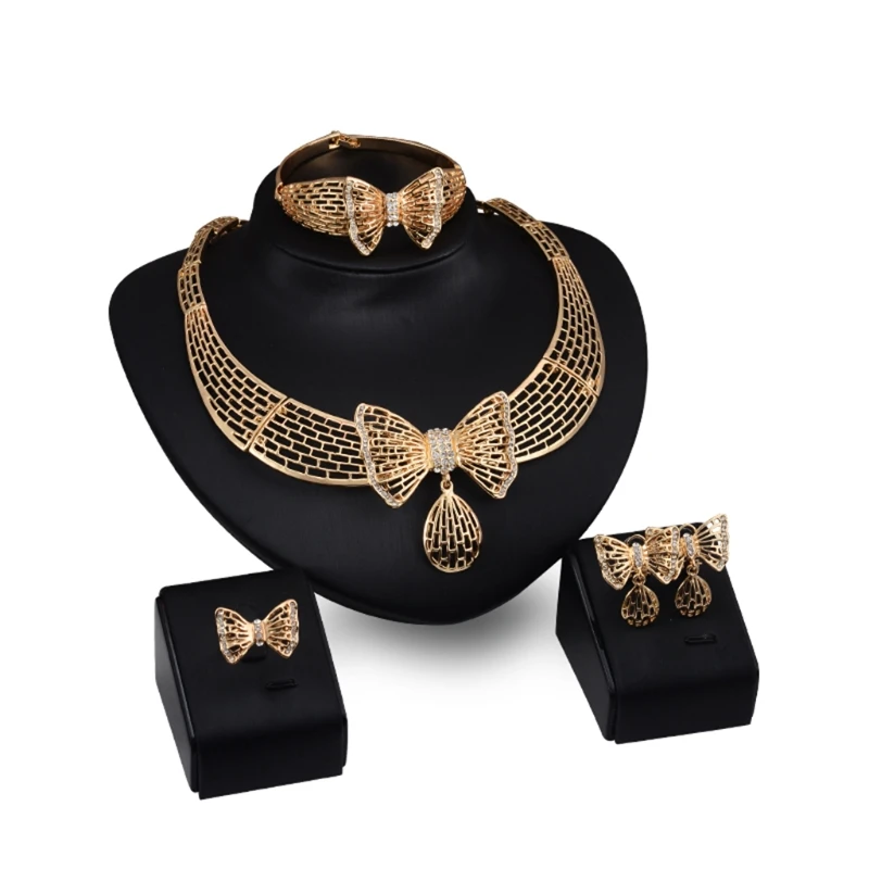 

Elegant Bowknot Rhinestone Wedding Necklace Bangle Earrings Ring Bridal Gift Set
