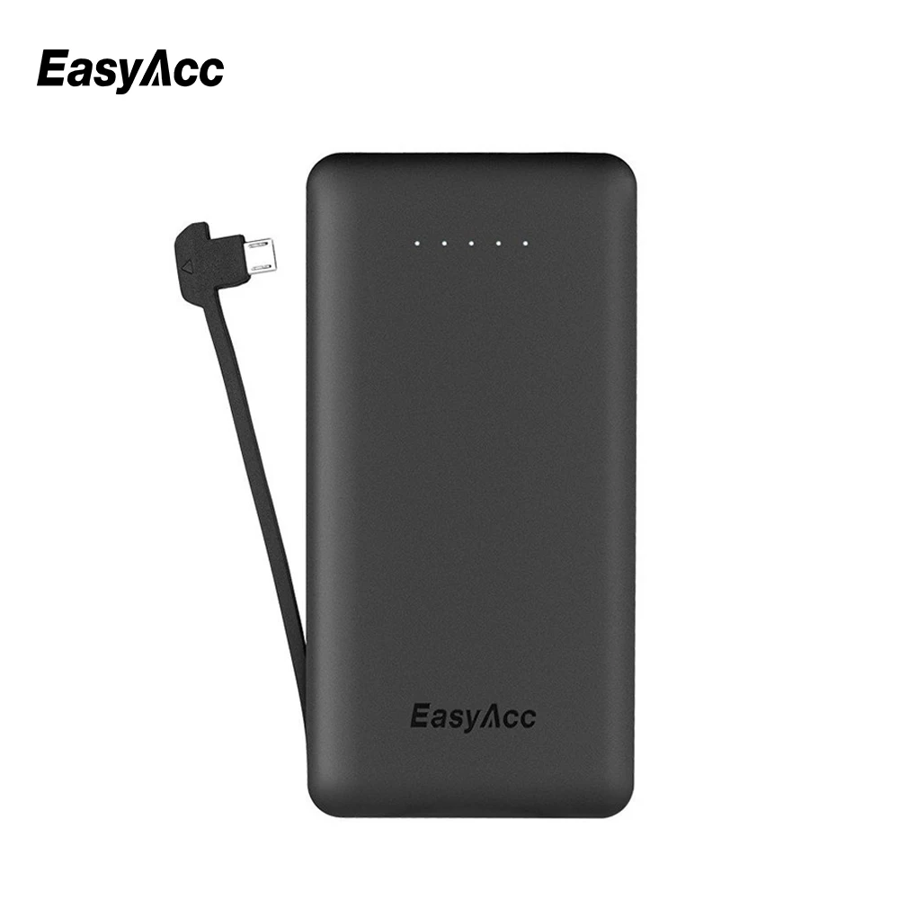 EasyAcc Ultra-Slim External Battery Changer 6000mAh Power Bank Portable Charger with Built-in Micro USB Cable for Iphone 7