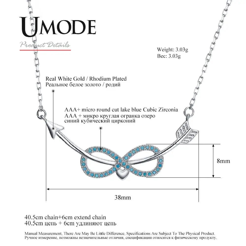 UMODE Для женщин белое золото ожерелья со знаком бесконечности для девочек синий Стразы Подвески Новая Мода длинная цепь вечерние ювелирные изделия UN0242B