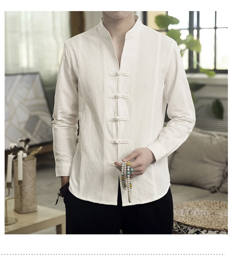 Sinicism Store Men Clothes Man Cotton Linen Casual White Shirts Long Sleeve Shirts Male Chinese Style Solid Shirts