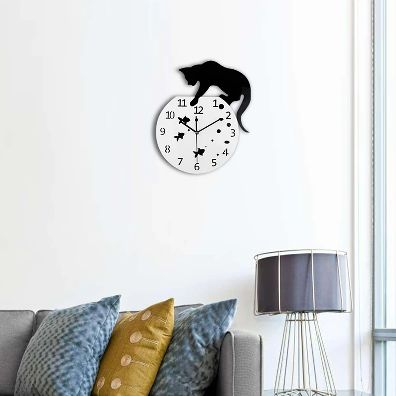 

2019 Lovely Cat Design Acrylic Animal DIY Clock Black Cat Fish Pattern Decor for Home Office Designer Wall Clock Reloj De Pared