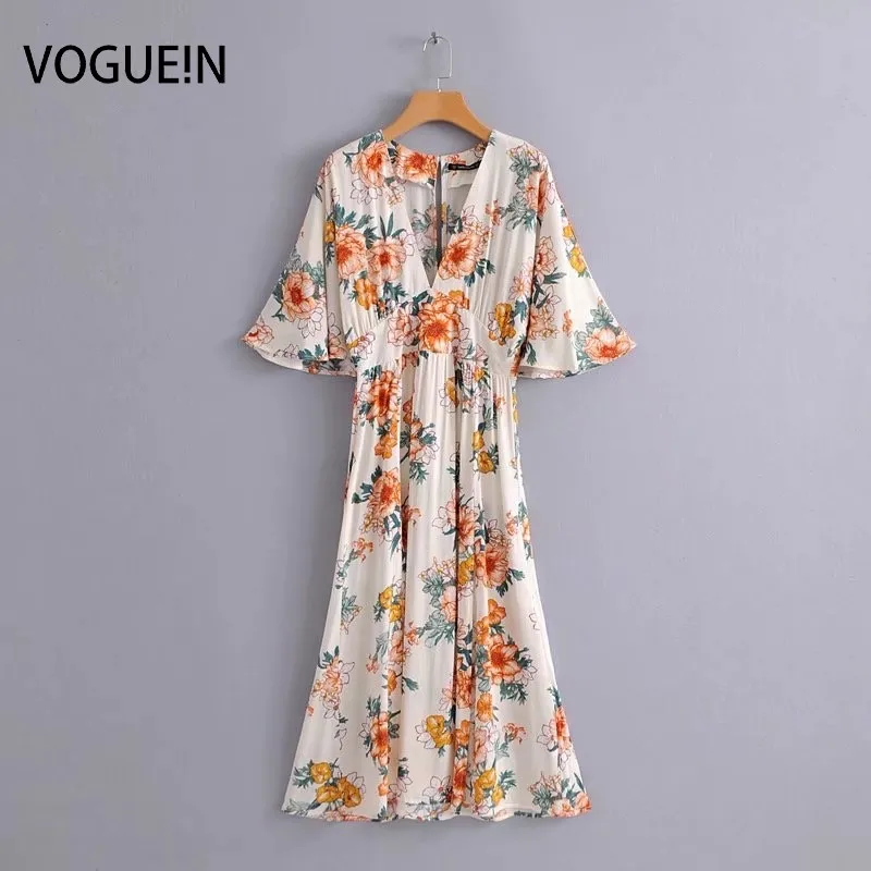 

VOGUEIN New Womens Sexy V-Neck Summer Beach Floral Print Short Sleeve Midi Dress Wholesale