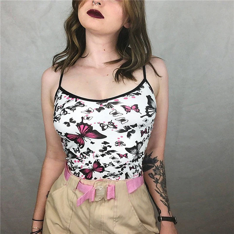 

New Women's Sexy Strap Crop Tops Butterfly Print Sleeveless Tank Tops Ladies Fashion Casual Tops Club Party Wear Summer 2019