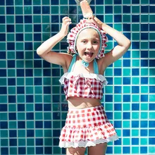 Клетчатый женский купальник из двух предметов с принтом в виде листьев лотоса; коллекция года; купальный костюм для девочек; летний купальник