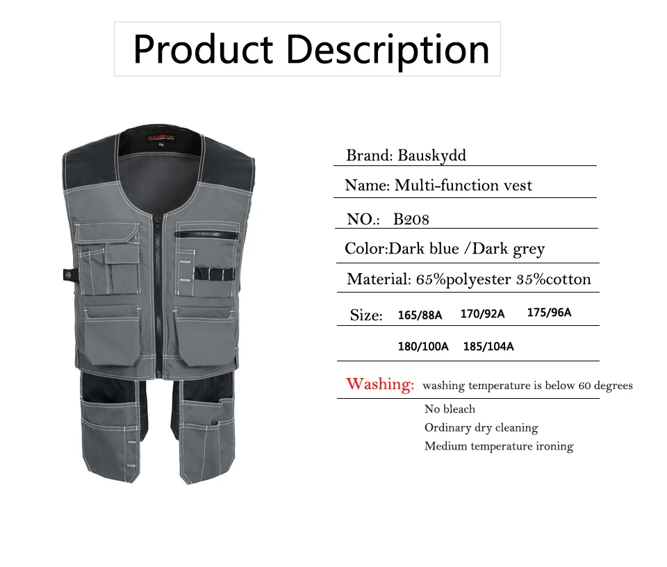 Bauskydd B208 Мужская Рабочая одежда с несколькими карманами, жилет для инструментов, товары для безопасности, Рабочая одежда темно-синего/серого цвета,, осень