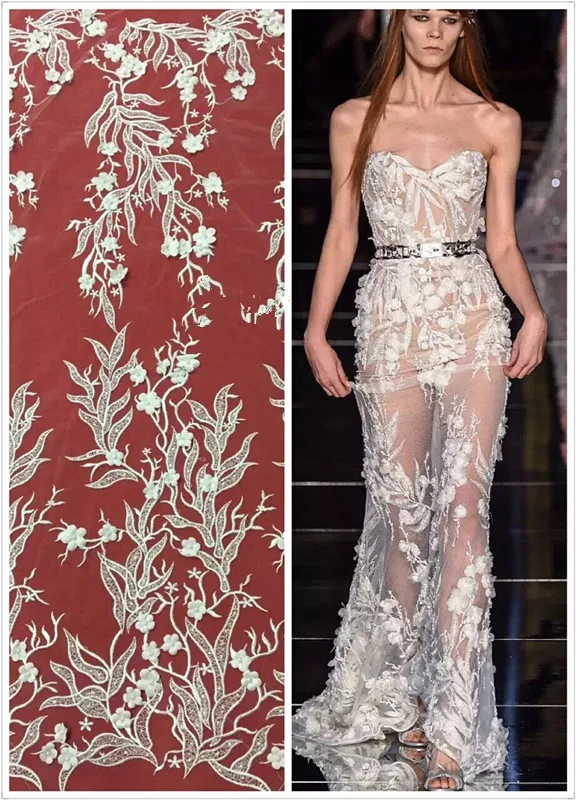 

White beaded African net lace textile for dress Graceful pattern with cord lace French tulle embroidery lace fabric