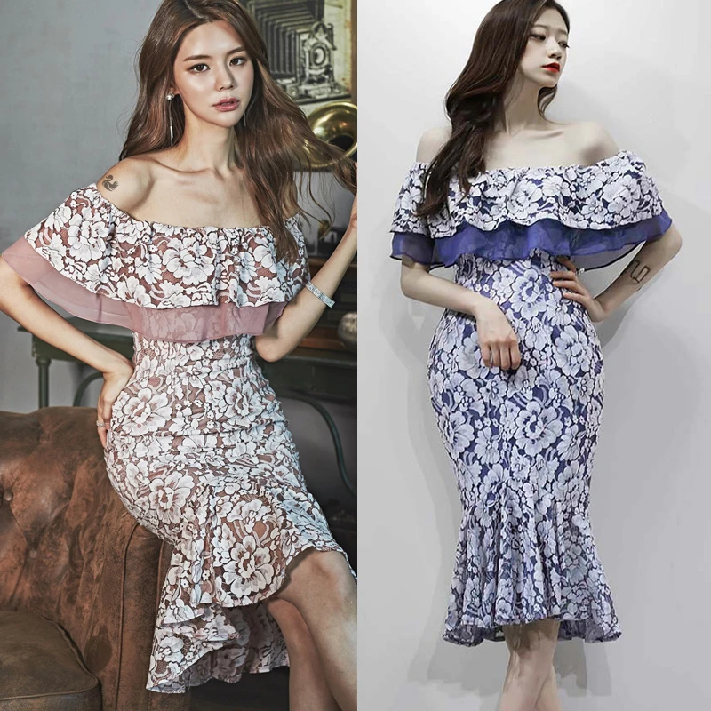 

Elegant Off the Shoulder Lace Dresses Knee-length Embroidered Lace Short Sleeve Midi Dress Ruffle Mermaid Summer Dress M19033104