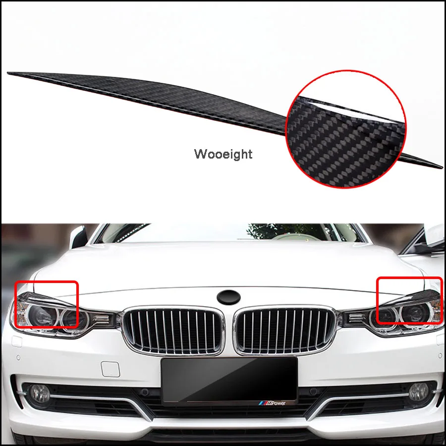 Wooeight 2Pcs Carbon Fiber Headlights Eyebrows Eyelids Front Headlamp Eyebrow Cover Trim Fit for BMW 3 Series F30 2013 2014-2017 (3)
