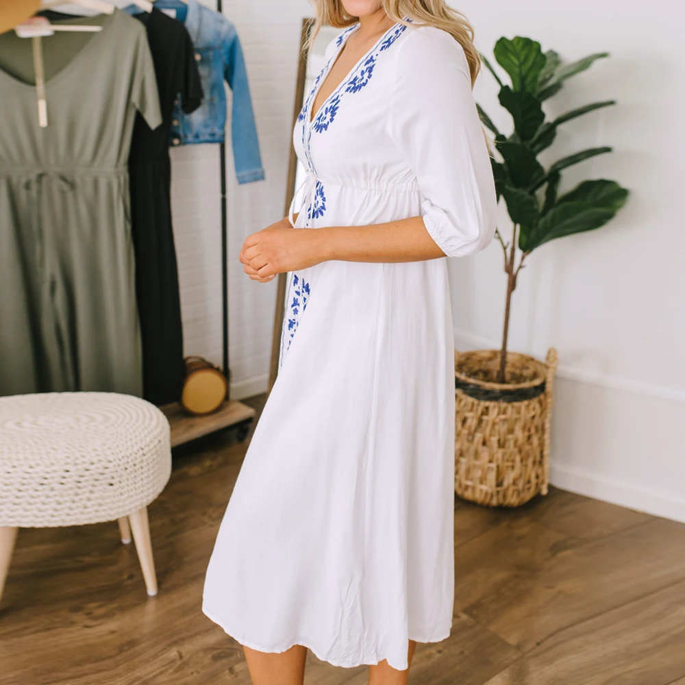 Womens Dress Ladies Summer Lace Up Sundress Loose Fit Bohemian Style Baggy Half Sleeves Midi Embroidery Casual
