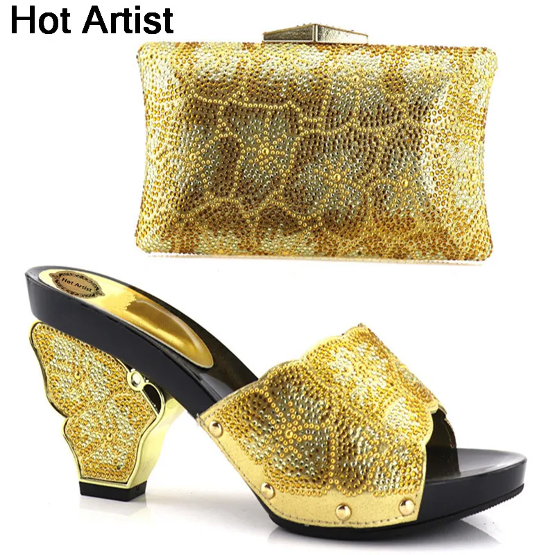 

Hot Artist Latest Gold Color Italian Shoes And Bags To Match Set Nigerian Summer Woman High Heels Party Shoes And Bag Set YH-11