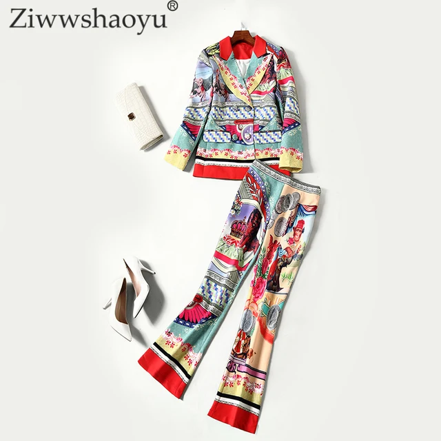 Best Offers ZiwwshaoyuAutumn Winter Designer Set Women's Long Sleeve Vintage Floral Print Elegant Blazer + Bell-bottom Pants Two-piece Suits Best Offers ZiwwshaoyuAutumn Winter Designer Set Women's Long Sleeve Vintage Floral Print Elegant Blazer + Bell-bottom Pants Two-piece Suits
