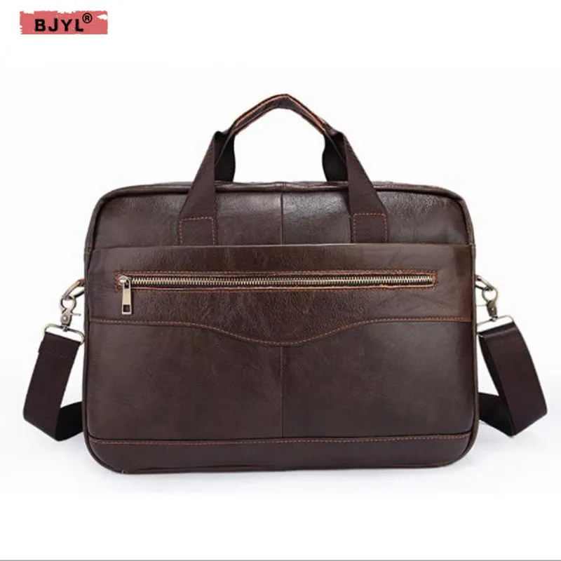 

BJYL Genuine Leather Men Laptop handbag briefcase business casual men's shoulder bag cross section Briefacase messenger Bags