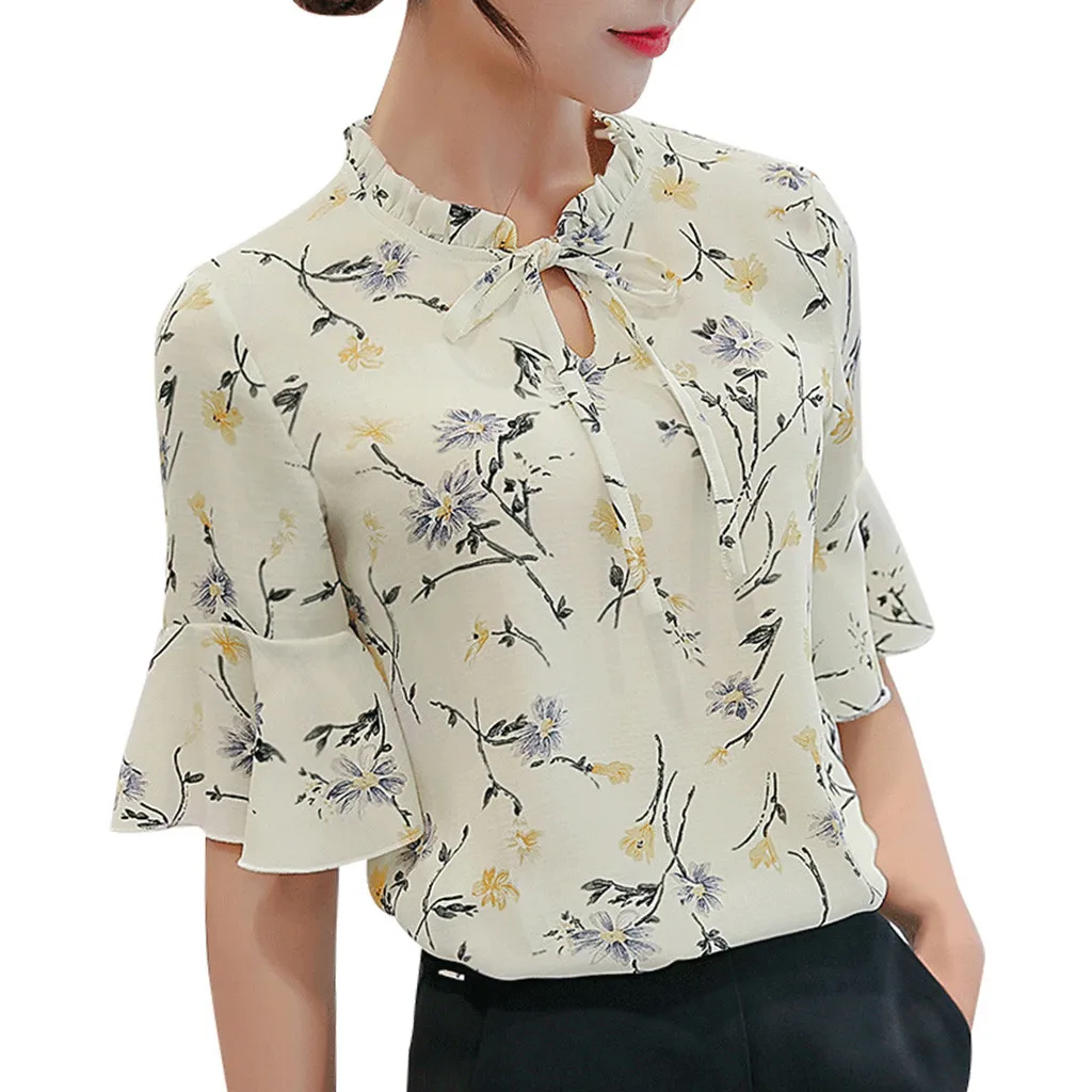 Women Blouse 2019 Women Summer Work Office Flare Sleeve Bow Tie Floral Print Chiffon Tee Shirt Top
