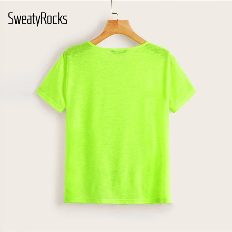 SweatyRocks, неоновый Лайм, крученый передний Топ, уличная одежда, тянущиеся зеленые футболки, летние повседневные женские одноцветные футболки