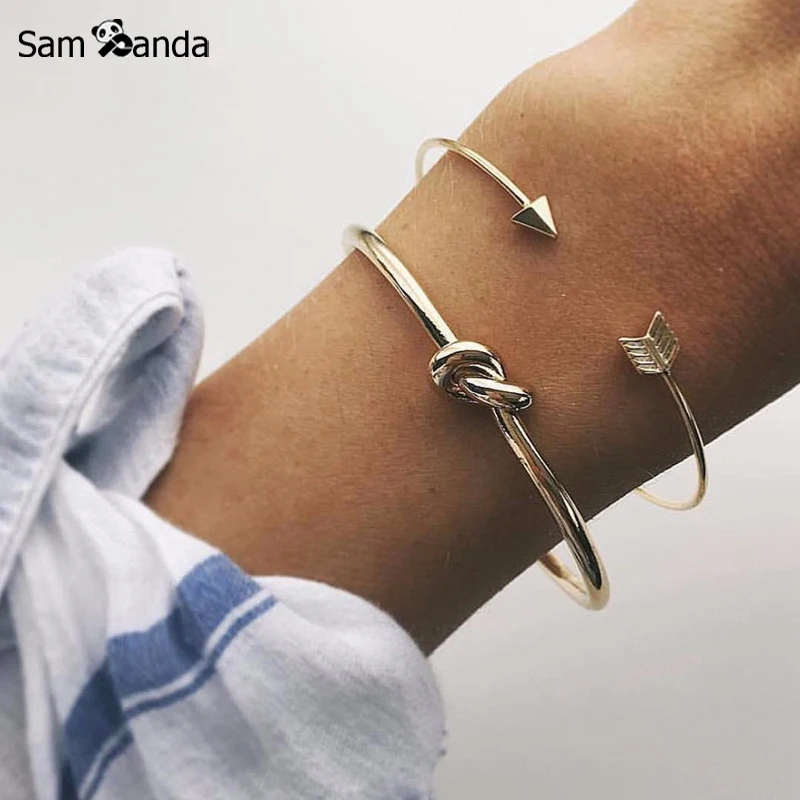 

2019 Korean Vintage Cuff Link Chain Alloy Open Arrow Gold Bangles For Women Knotted Charms Simple Bracelet Accessories Jewelry