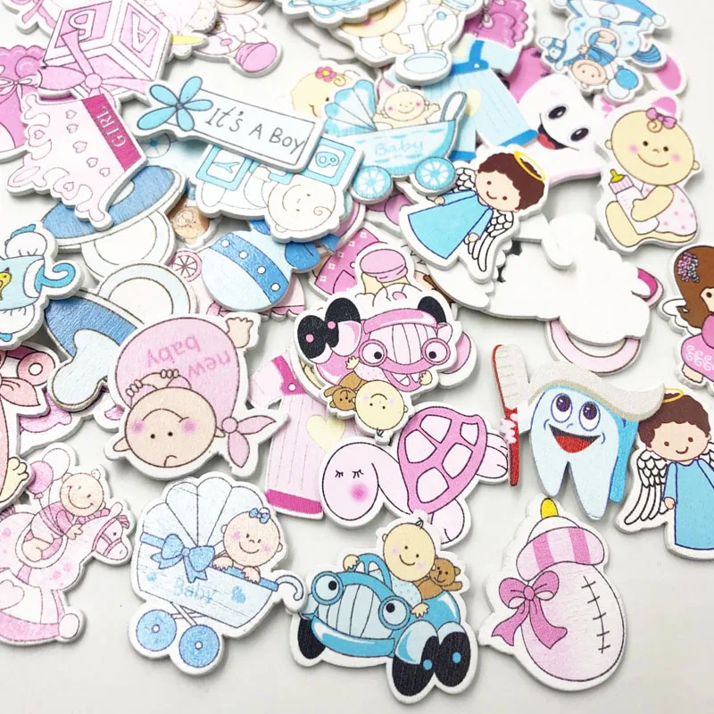 

30Pcs Cartoon baby No Holes Sewing Wooden Buttons Random Mixed Decorative Buttons Flatback Scrapbooking Making WB622