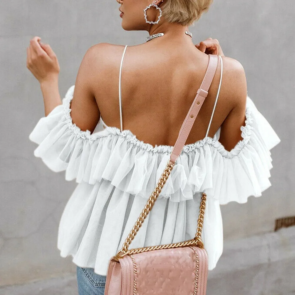 2019 womens summer sexy blouses dentelles vider ruffled ruffled sexy lace sling tops blouses blouses et chemisiers femme 40J12 (12)