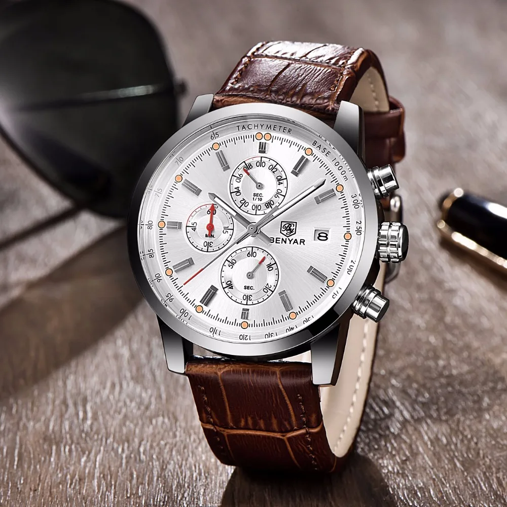 

Benyar Quartz Watch Men Sport Watch Luxury Brand Leather Wrist Watch Men Chronograph Business Watch Male Clock horloges mannen