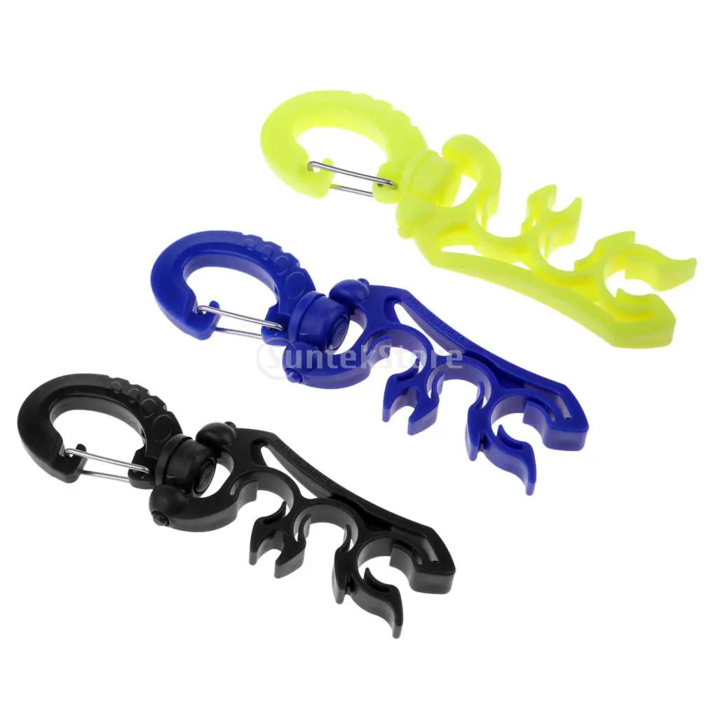 

Scuba Diving Dive Divers Triple 3 BCD Hose/Regulator/Gauge Holder Retainer with Folding Rotates Snap Clip Black/Yellow/Blue