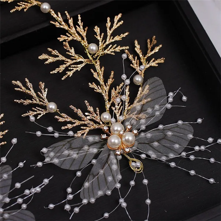  Handmade Gold Crystal Pearl Butterfly Hair Pin Clips Bride Leaf Hair Sticks Rhinestone Veil Tiara C
