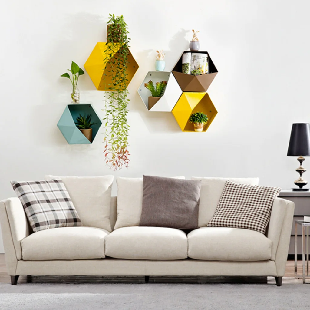 2 Pieces Wall Mounted Iron Hexagon Flower Plant Display Rack Planter Units Home Decor
