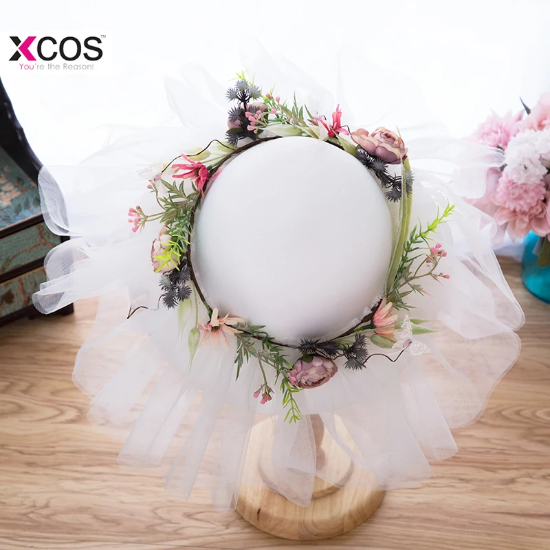 

Summer Bohemian Beach Style Wedding Hats And Fascinators For Women Elegant Flowers Garland Tulle Bridal Hats Romantic
